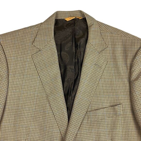Robert Talbott Carmel Tan Blue Micro Plaid Blazer Jacket 42R Double Two Button - Picture 5 of 14